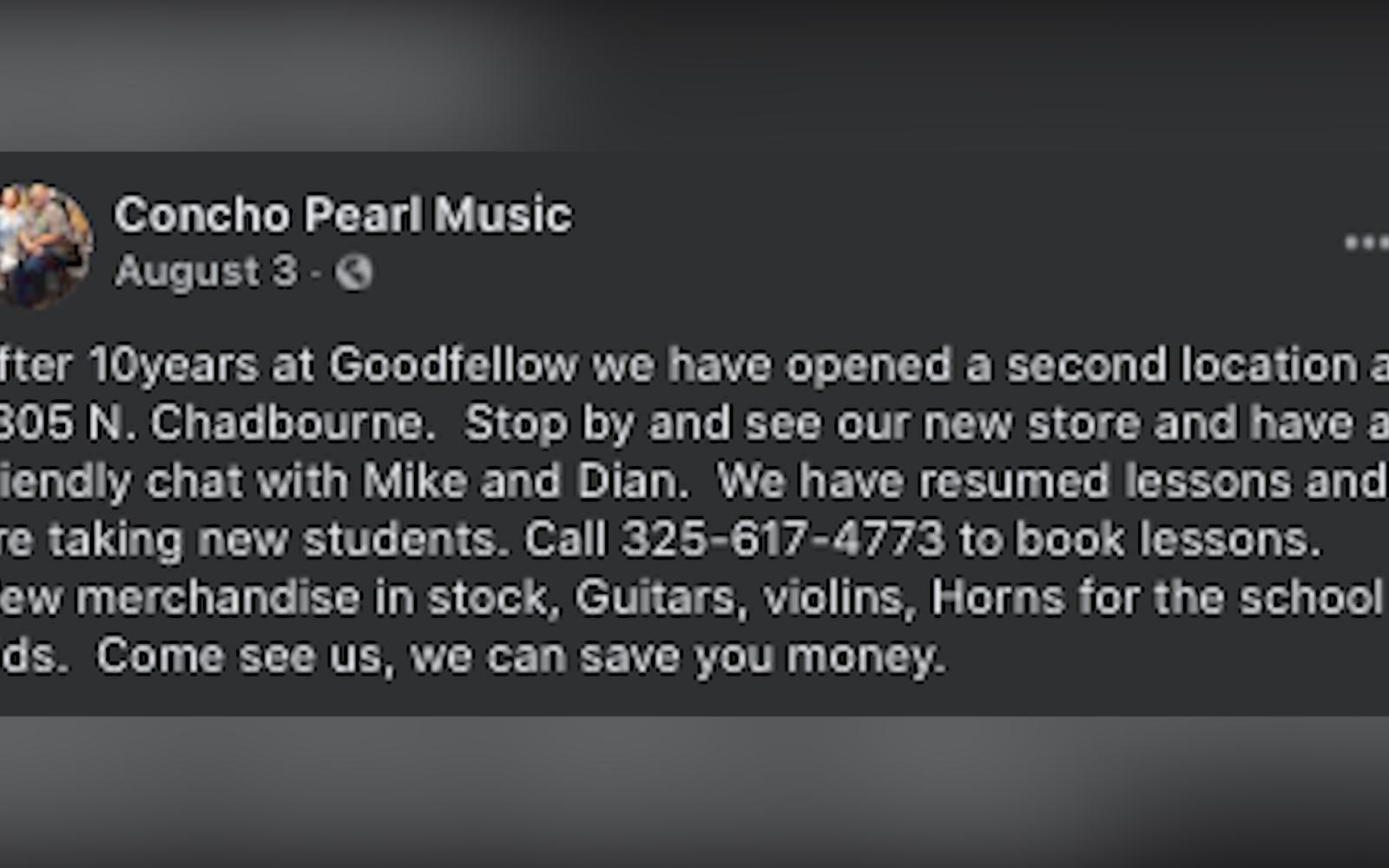 Concho Pearl Music Facebook Post