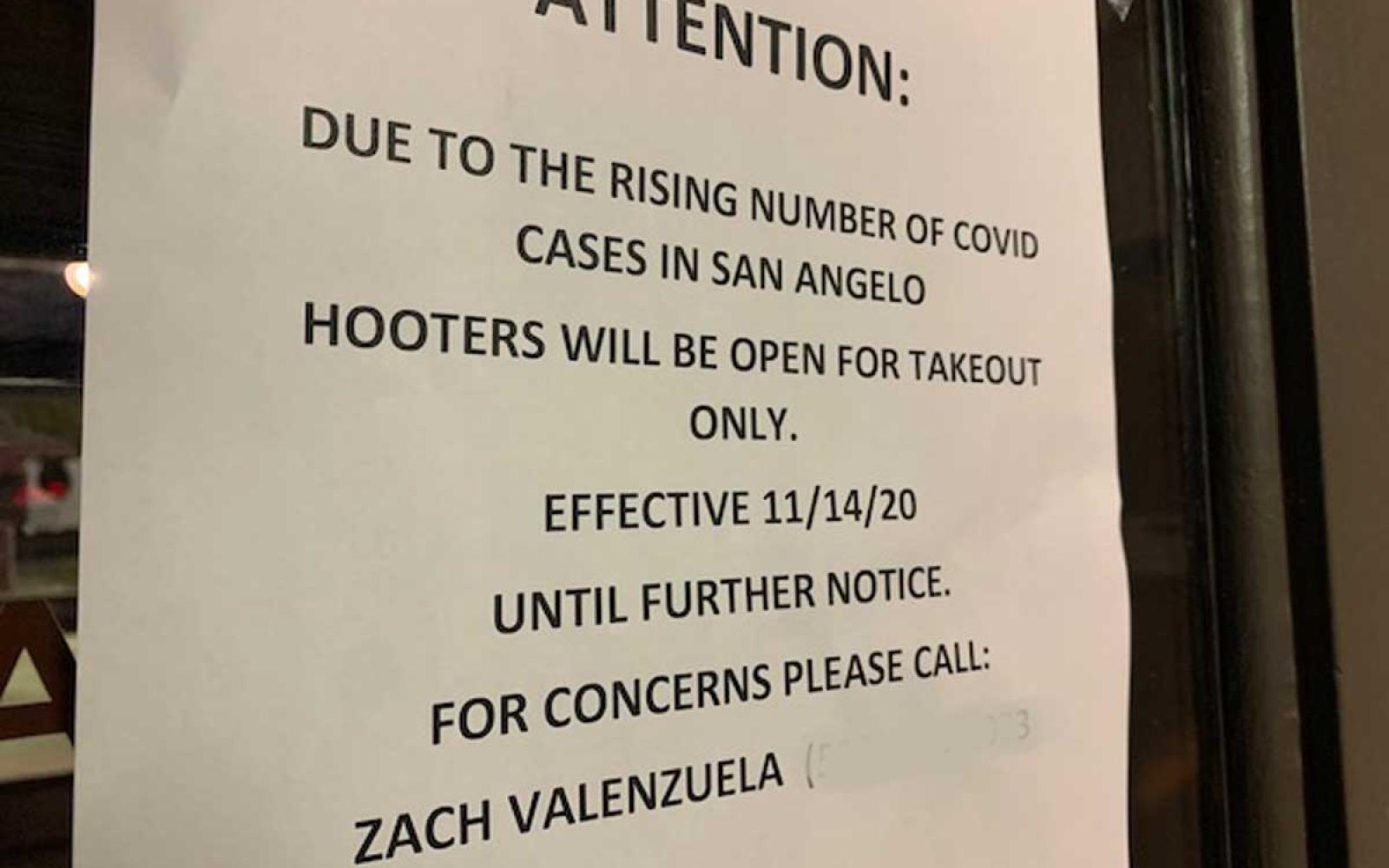 The note on the door at San Angelo's Hooters