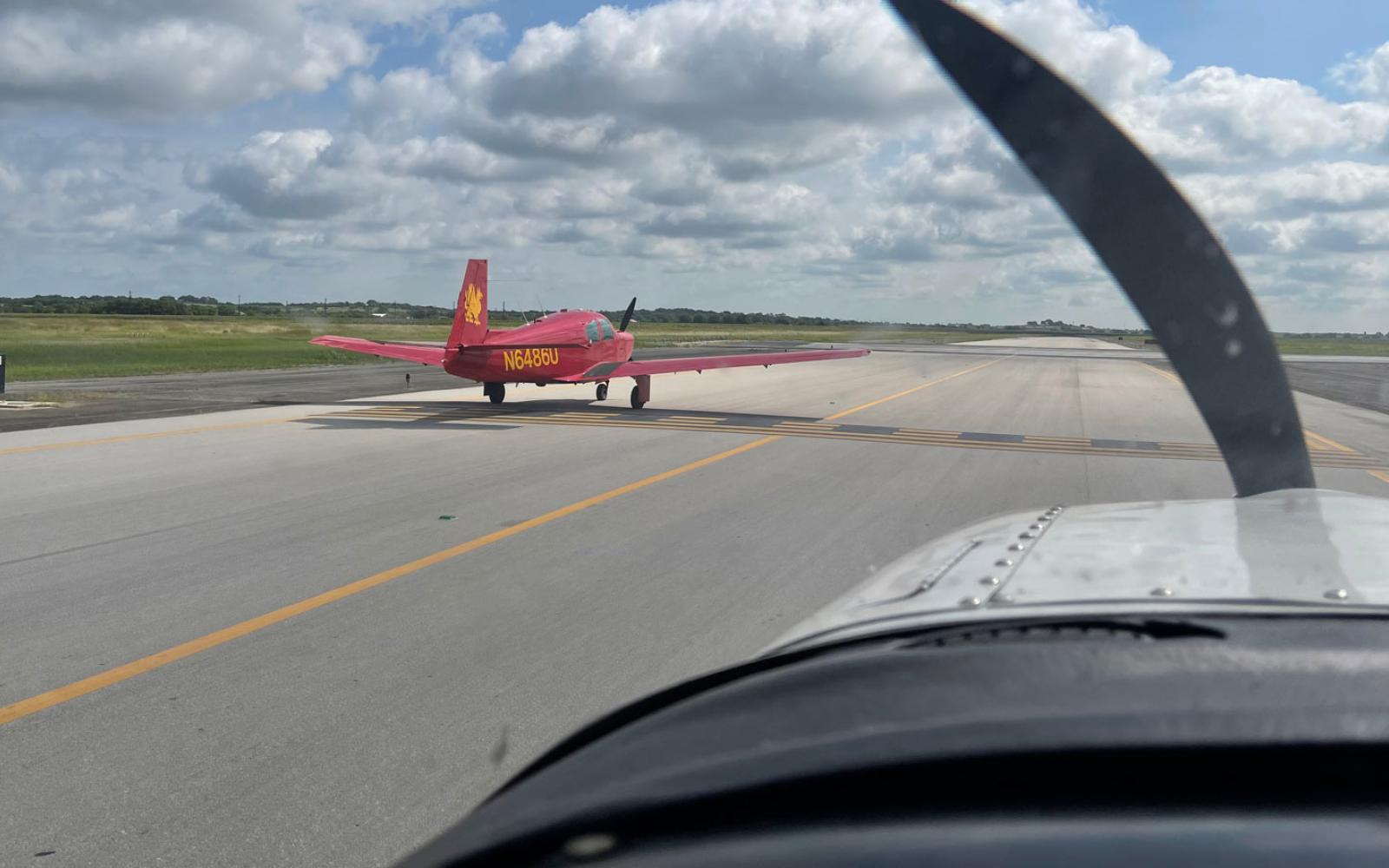 Wing takeoff of an element of the Texas Wing of the Mooney Caravan in 2021 from San Marcos Regional Airport