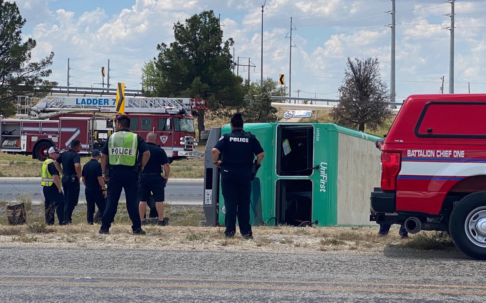 A Unifirst delivery truck capsized on the access road to Loop 306 near the Ben Ficklin Bridge on June 30, 2022