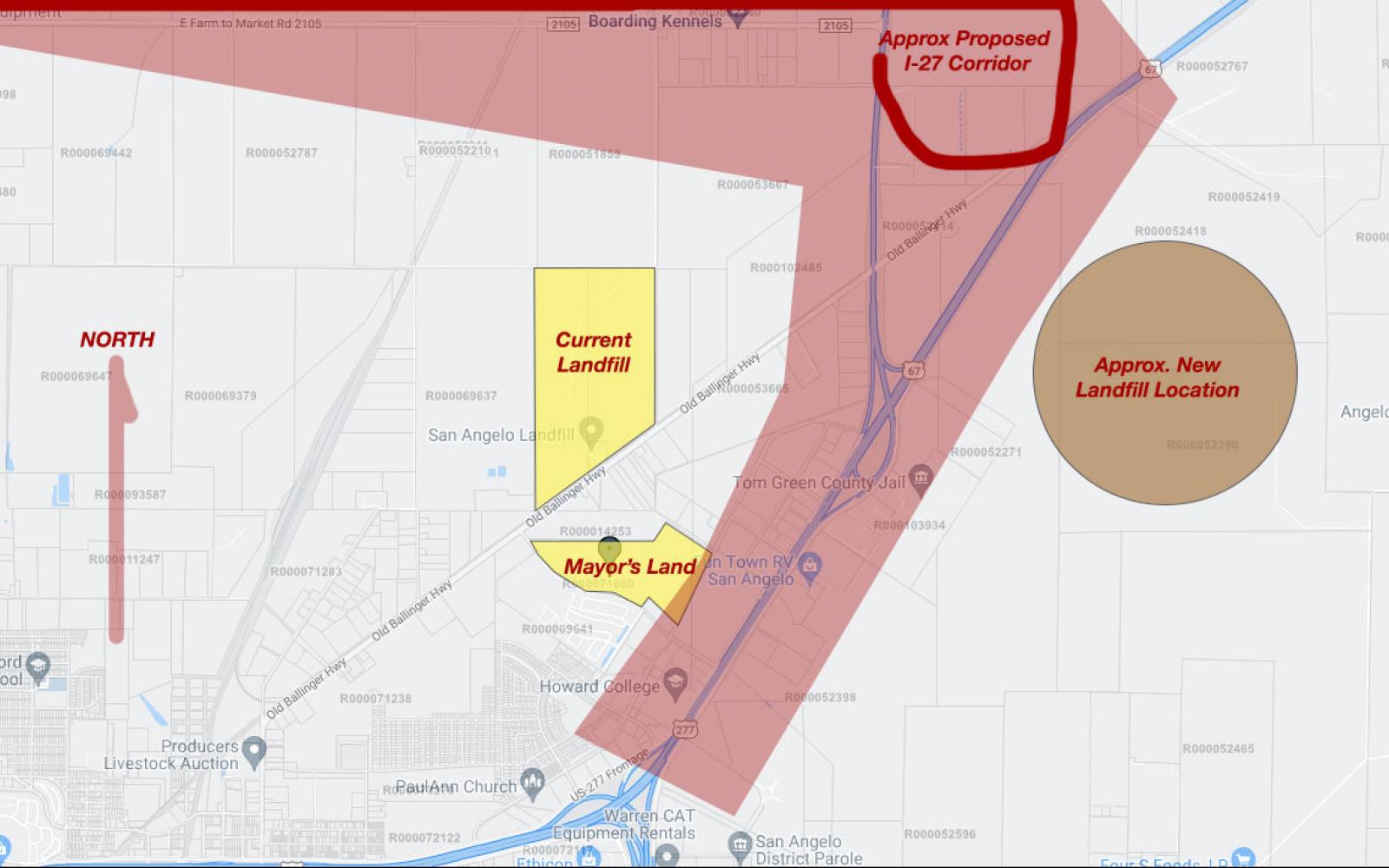 A map of the two landfill locations, the I-27 proposed corridor, and the mayor's land.