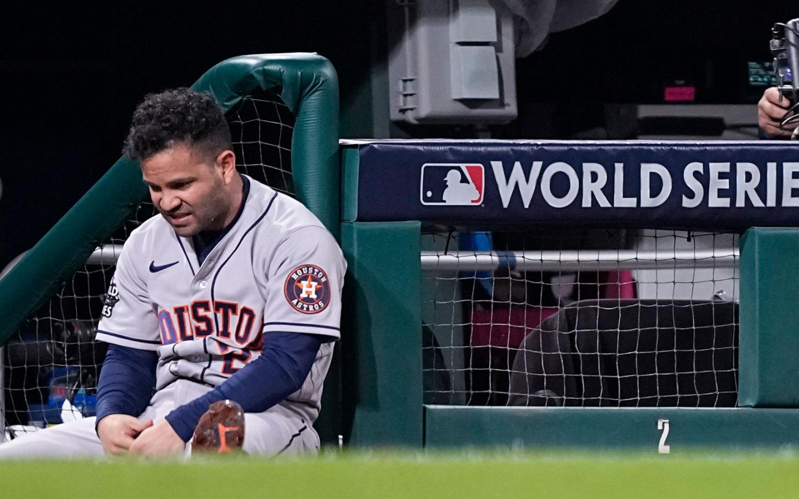 Houston Astros second baseman Jose Altuve reacts to play during the eighth inning in Game 3 of baseball's World Series between the Houston Astros and the Philadelphia Phillies on Tuesday, Nov. 1, 2022, in Philadelphia. (AP Photo/David J. Phillip)
