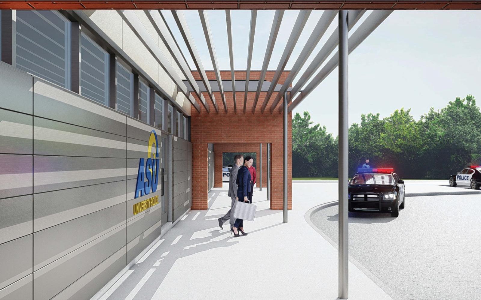 The architect rendering of how Angelo State University will transform the former strip center into a police station.