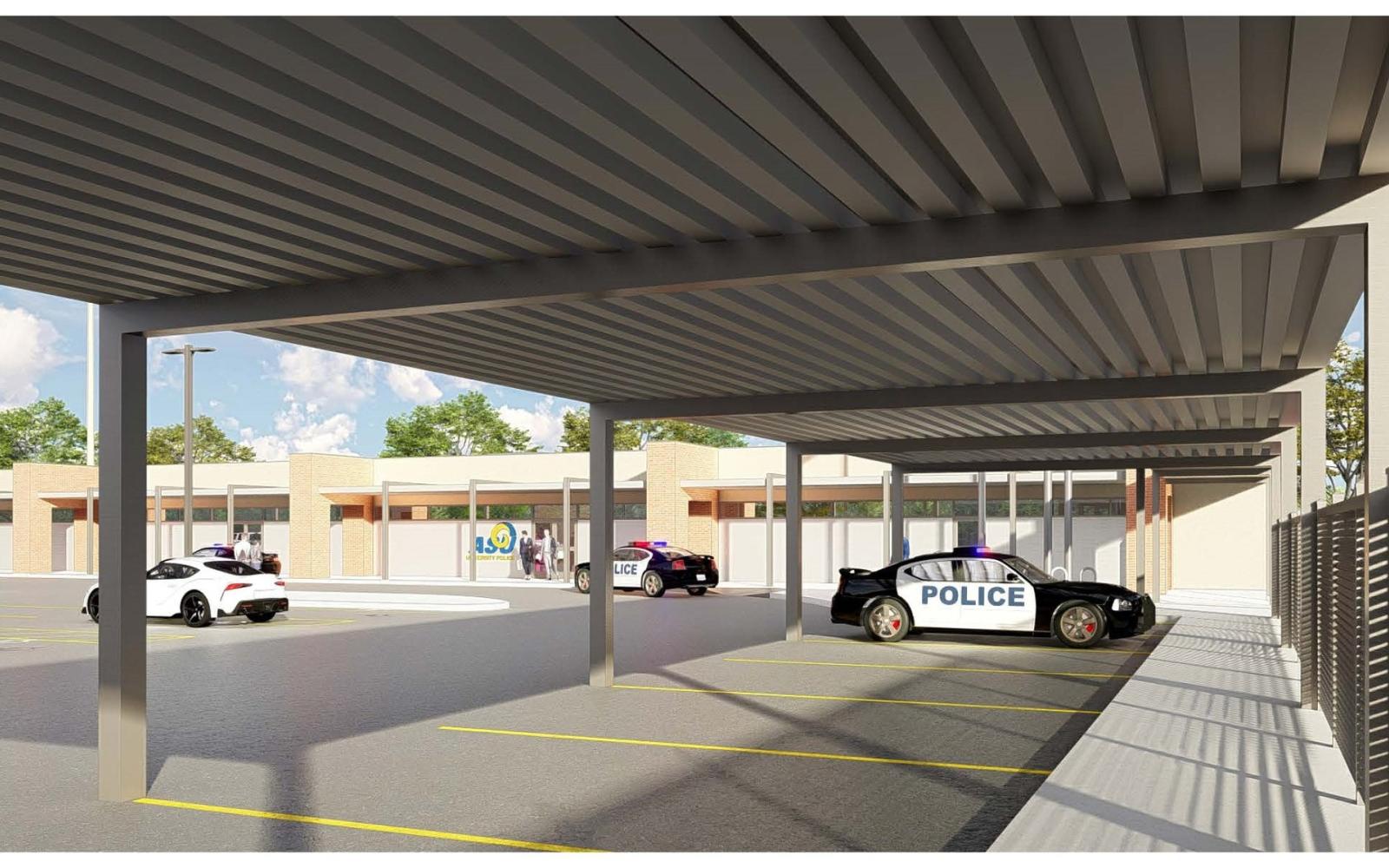 The architect rendering of how Angelo State University will transform the former strip center into a police station.