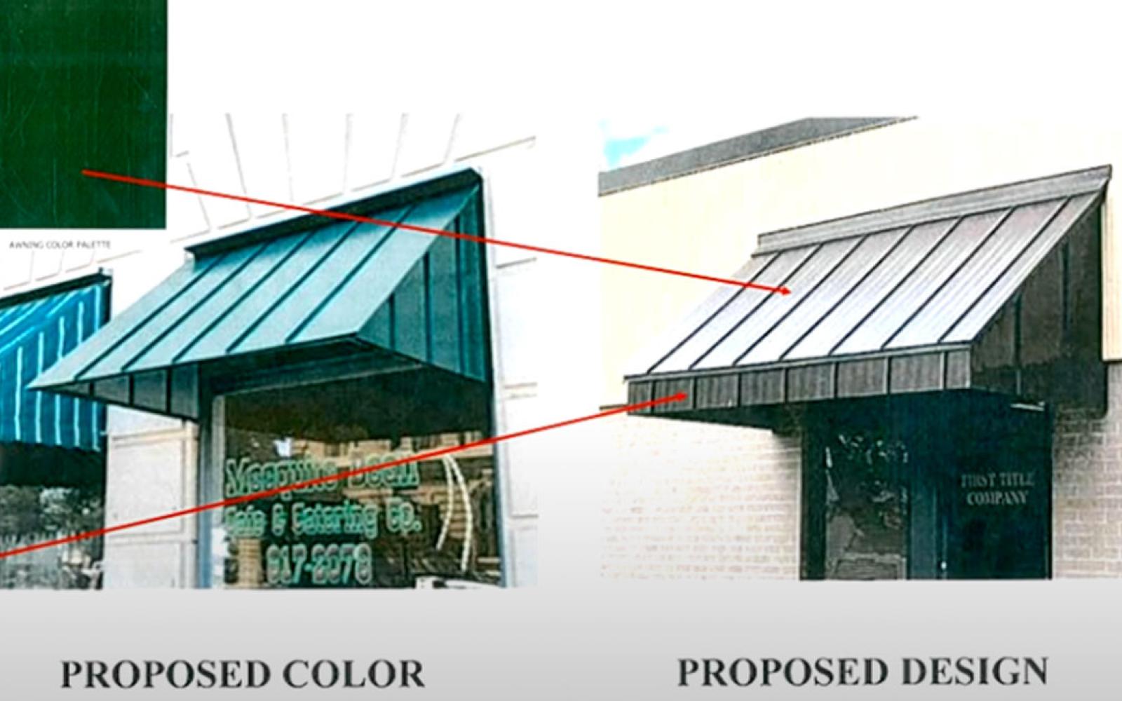 Depictions of the steel awnings proposed for the Cactus Hotel. The far left is a partial photo of the current canvas awning, the center is the steel awning that is installed over one opening, and the right rendering is the proposed awning.