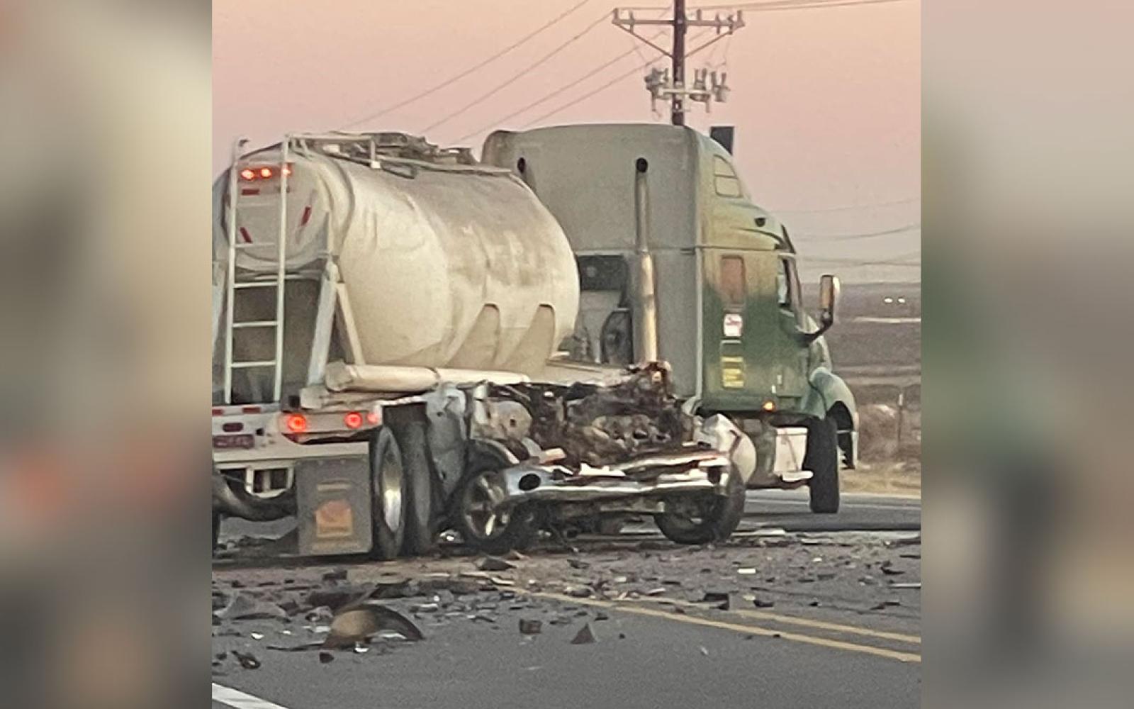 A sandtruck crushes a Ram pickup on SH 349 about halfway between between Rankin and Midland in the early morning hours of Jan. 21, 2023.
