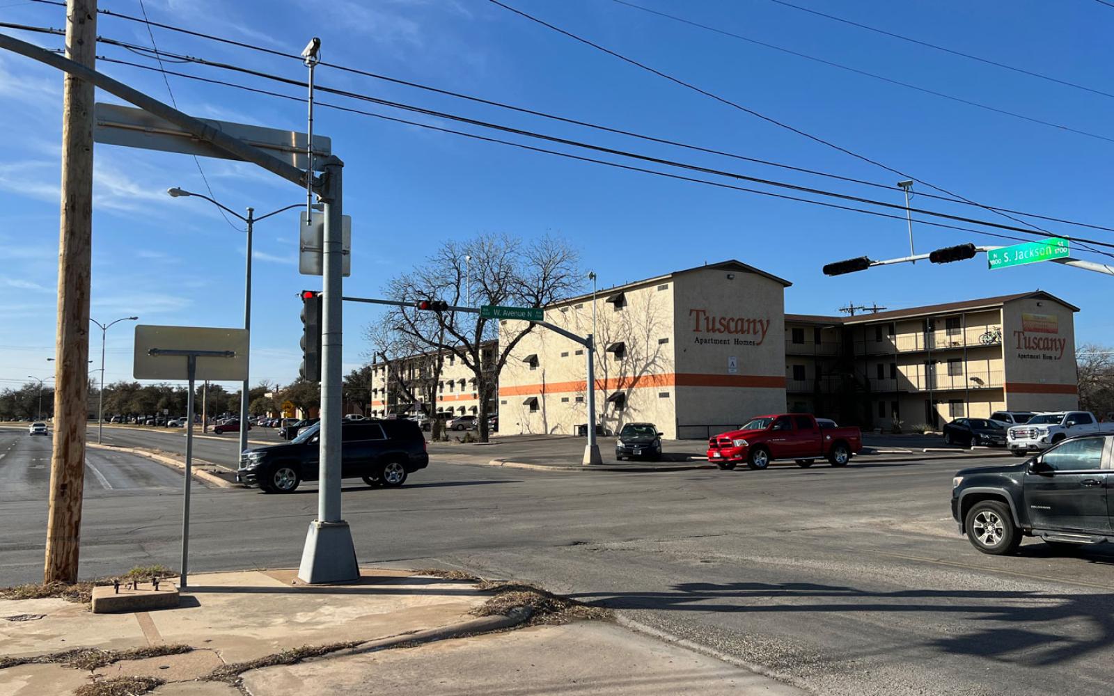 Traffic sensors on the traffic lights at the intersection of W. Avenue N and S. Jackson St. far out.