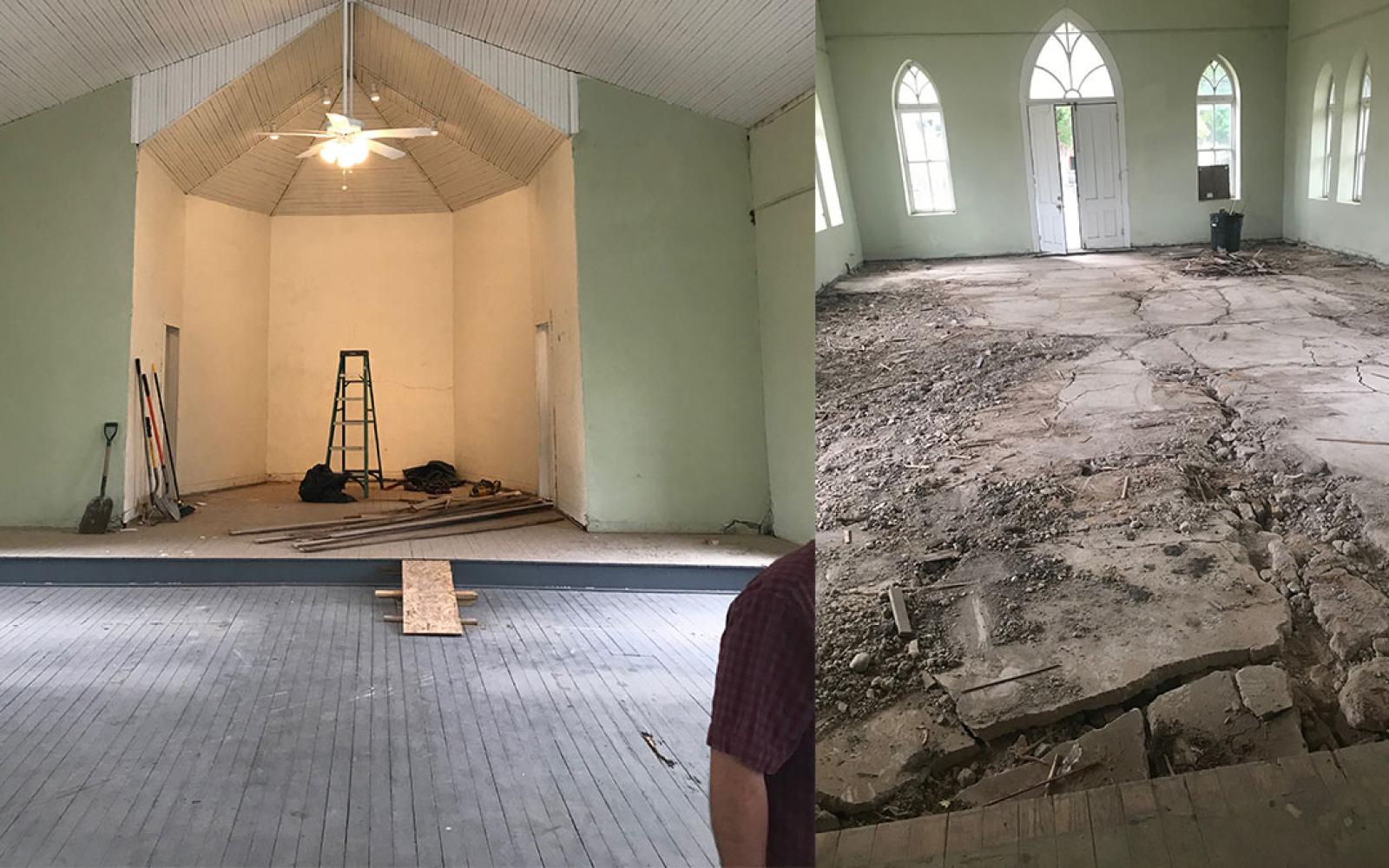 Left, the old wood floor that had to be removed due to termites. On the right is the old concrete slab that was likely the original floor of the church. The restoration will re-pour the slab.