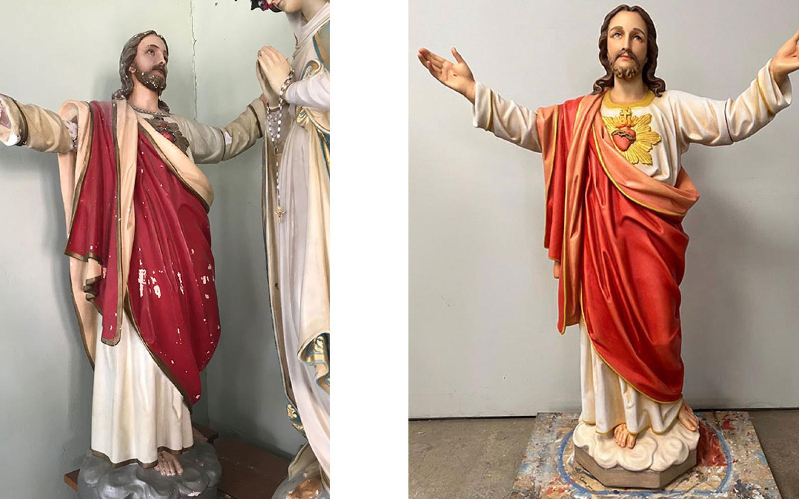 The alter's statue of Jesus has already been restored. Original is on the left, restored on the right. 