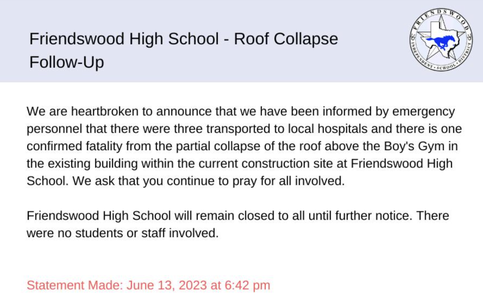 Second Statement from Friendswood ISD