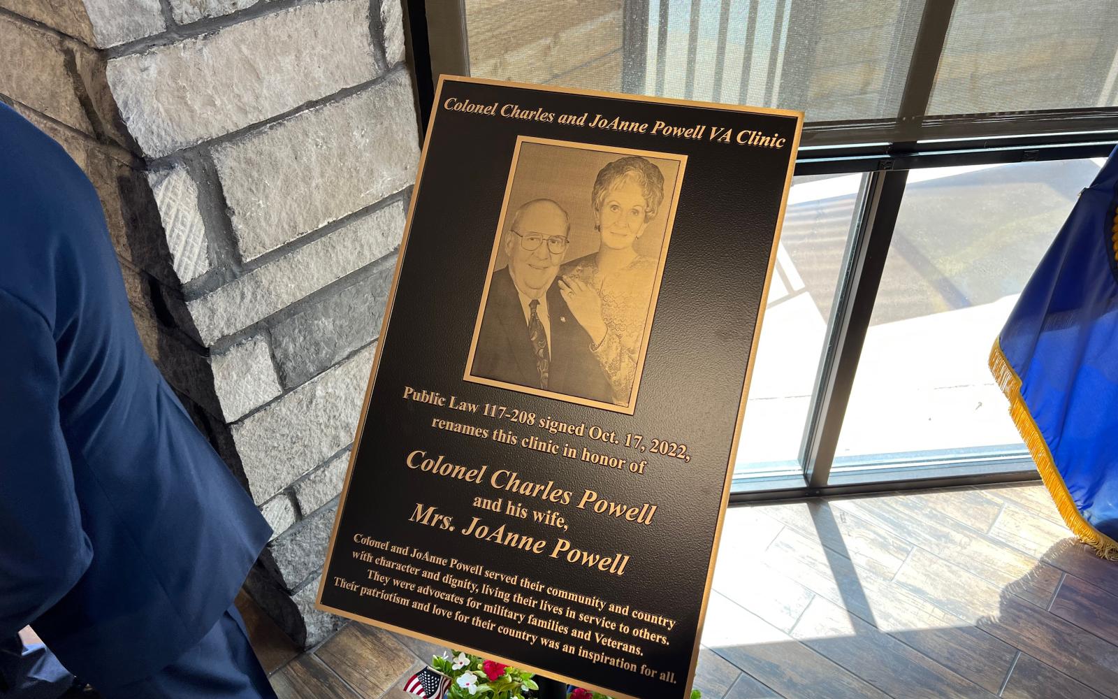 A close-up view of the plaque that will soon be bolted onto the Col. Charles and JoAnne Powell VA Clinic in San Angelo. 