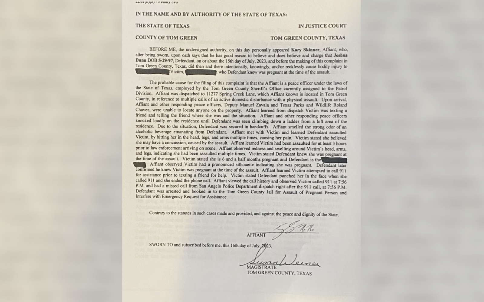 Redacted Affidavit Regarding Joshua Dunn