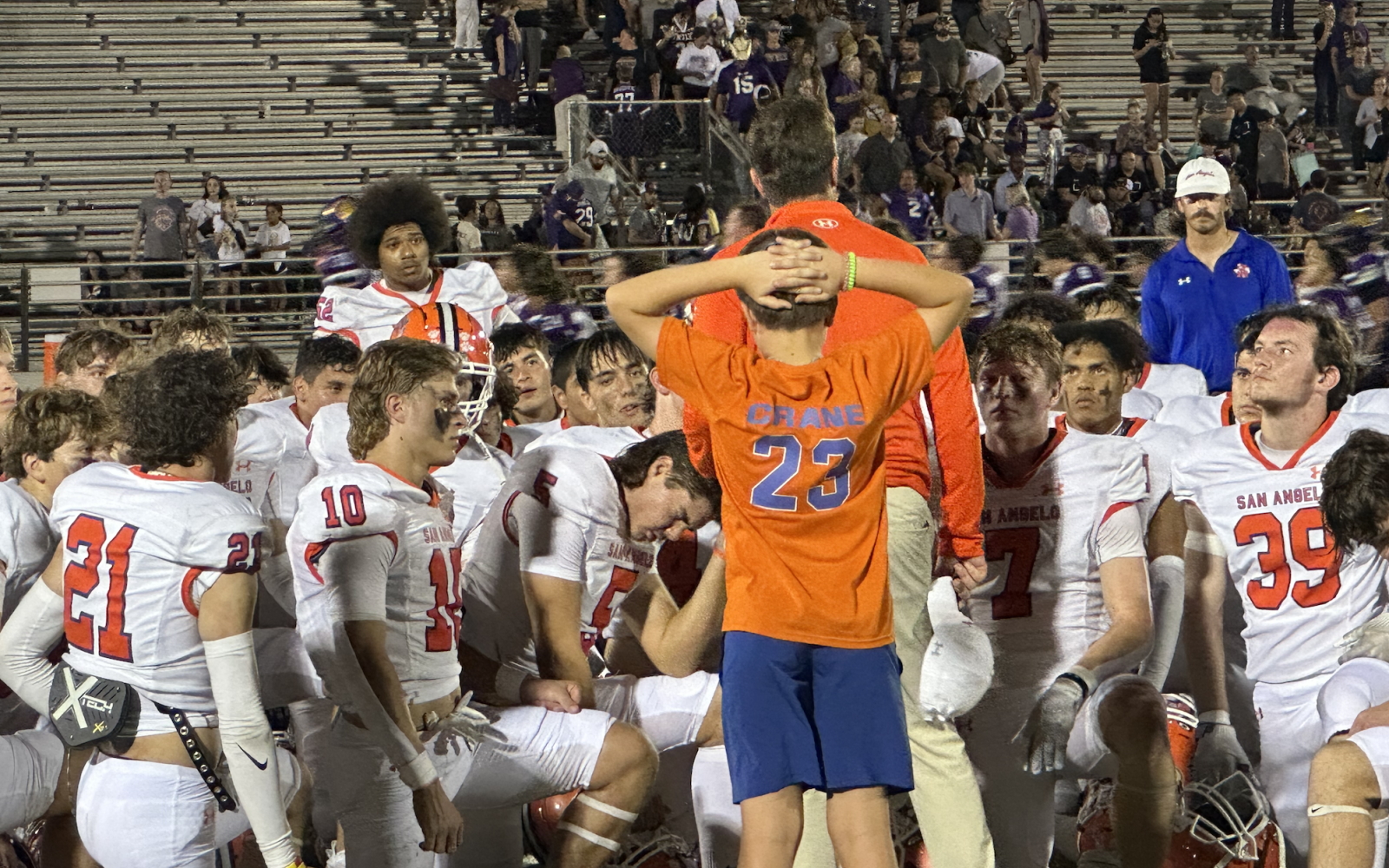 Bobcats Head Coach Crane addresses the team after the game against Abilene Wylie