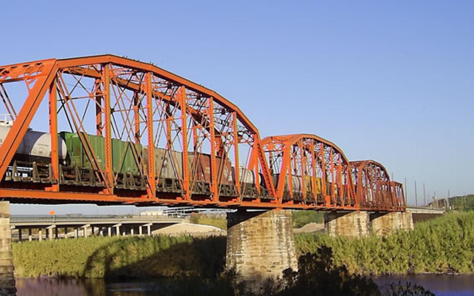 The Union Pacific International Railroad Bridge view from Piedras Negras, with the Camino Real International Bridge in the background