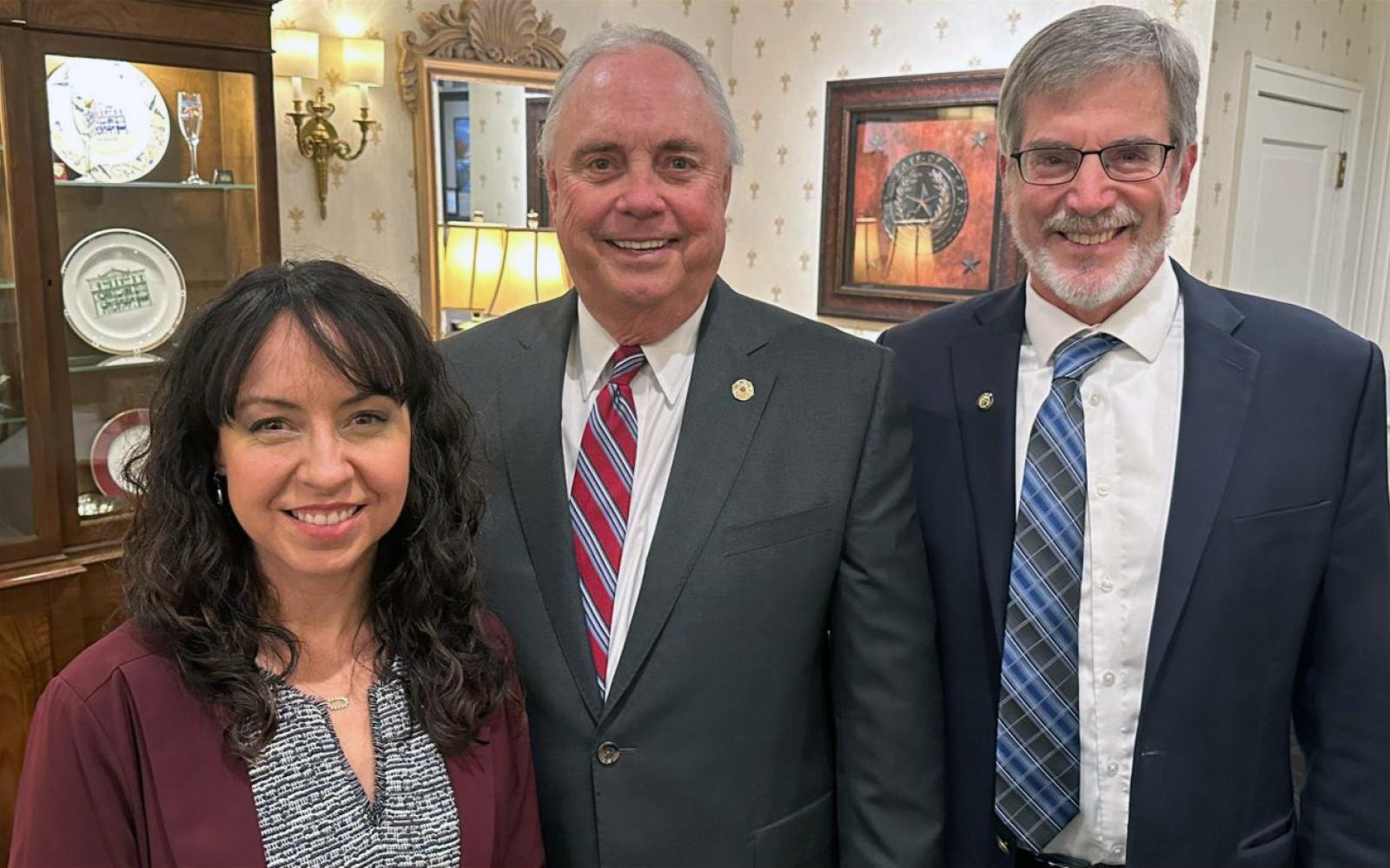 State Rep. Drew Darby (center) received an endorsement for his re-election from Texas Alliance for Life on Jan. 11, 2024. Comms Director Amy O'Donnell is to Darby's right and Executive Director Dr. Joe Pojman, Ph.D. is on Darby's left.