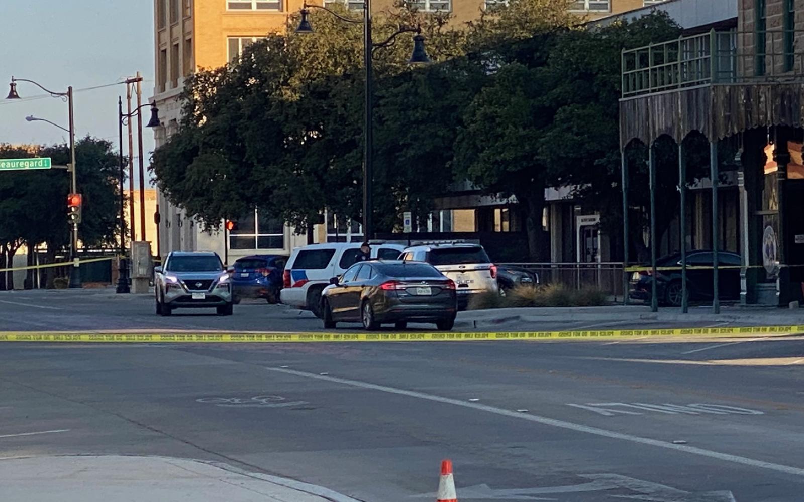 The crime scene extends along Chadbourne Street downtown from Twohig to the south to Beauregard to the north, an entire block.