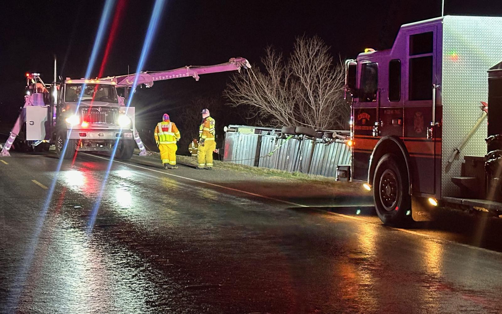 Home Motors, the wrecker company, had to dispatch a crane to upright the rig and pull it out of the ditch. The crash happened just after 6 p.m. as the cold front was whipping through the area.