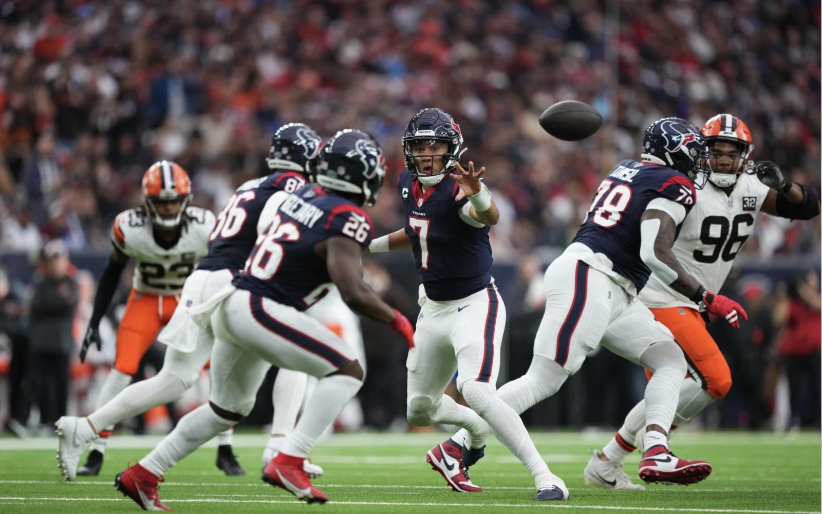 Houston Texans in action against the Cleveland Browns on Wild Card Weekend 2024