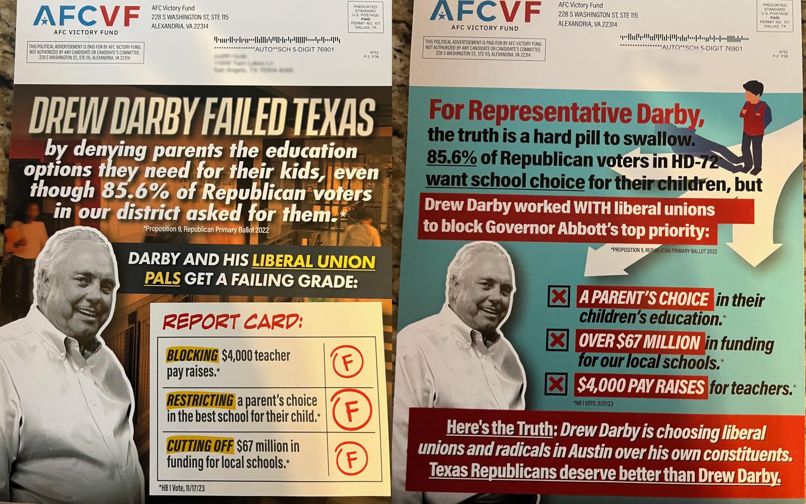 Negative campaign direct mail pieces tarnishing Rep Drew Darby on behalf of challenger Stormy Bradley