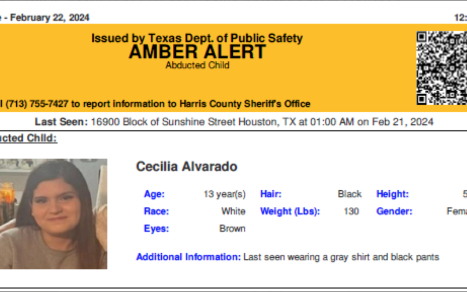 Amber Alert Cecilia Alvarado (Courtesy Harris County SO)