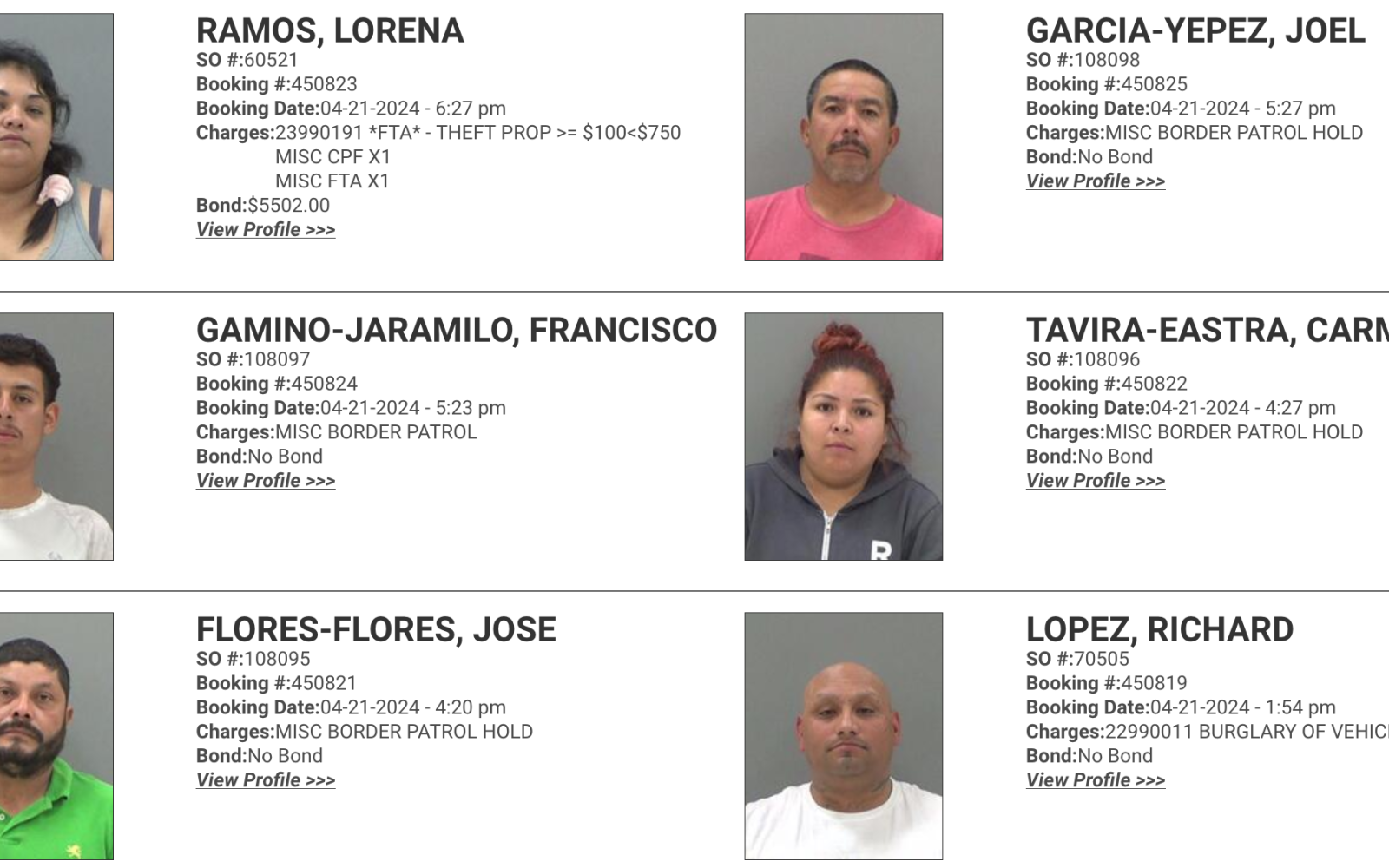 Illegal Aliens Booked Sunday Mugshots Courtesy TGCSO
