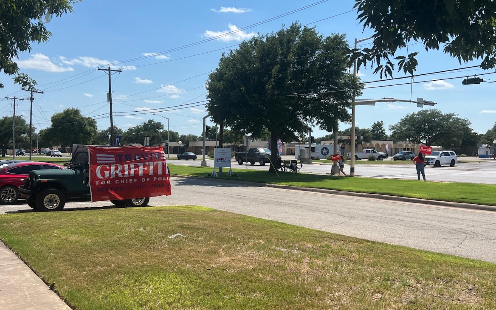 Travis Griffith campaign workers at the TxDOT voting center on Knickerbocker Road.