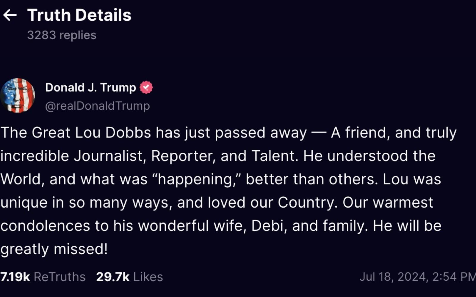 President Donald Trump's statement on Lou Dobbs' Death