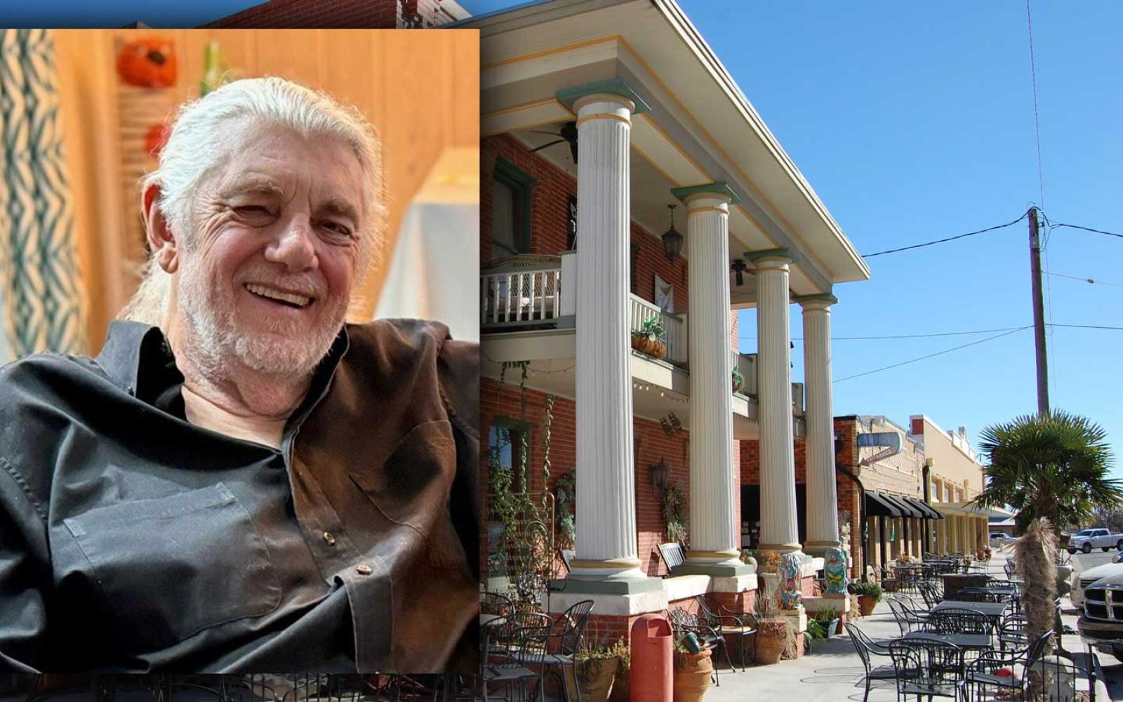 Rod Bridgman and the antebellum exterior of the Blues Inn at Sealy Flats taken in December 2013. The building was built in 1909 and was originally a hotel.