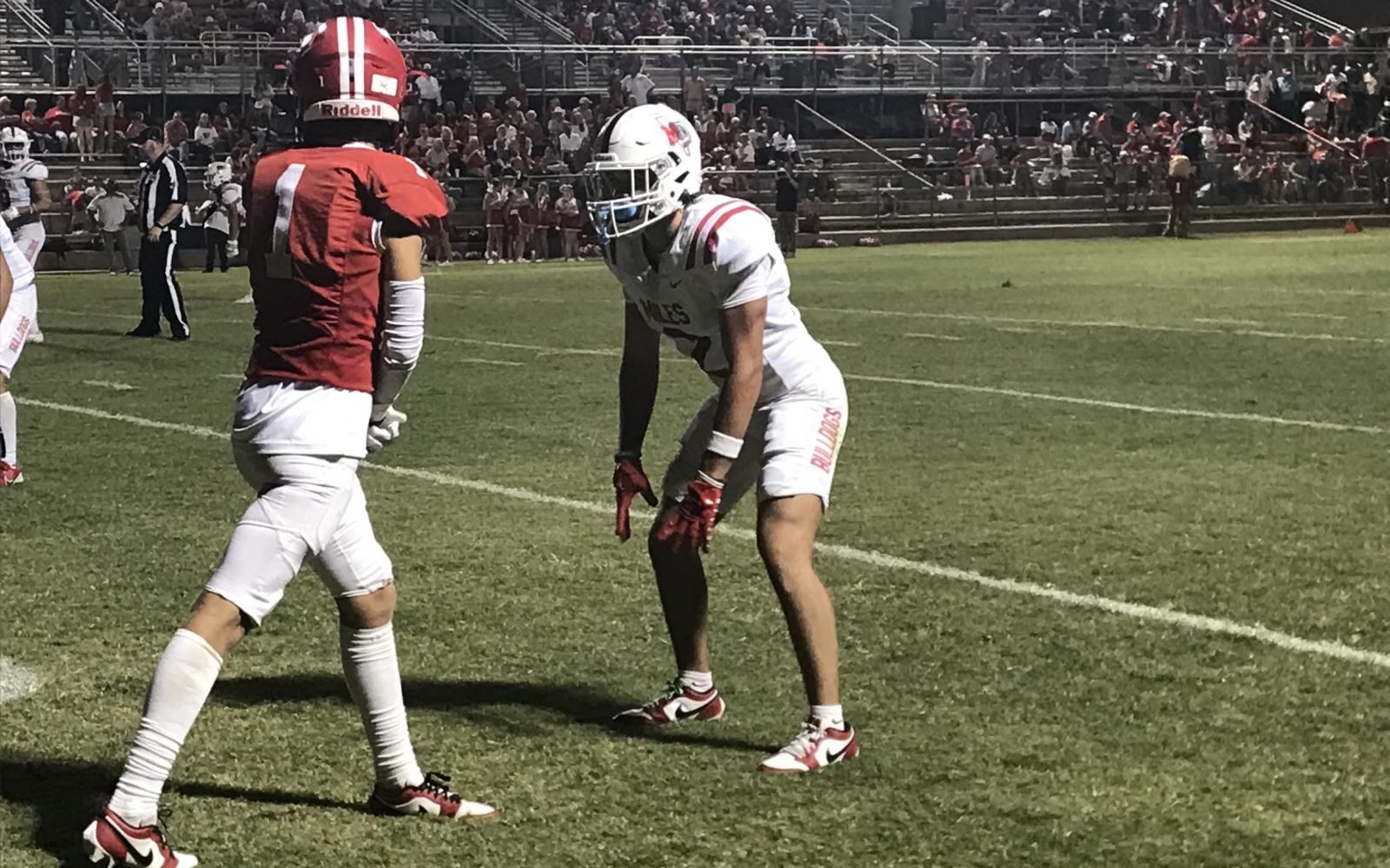 Miles cornerback Cooper Ellison prepares to defend Albany wide receiver Calvin Fairchild on Friday, Oct. 11, 2024.