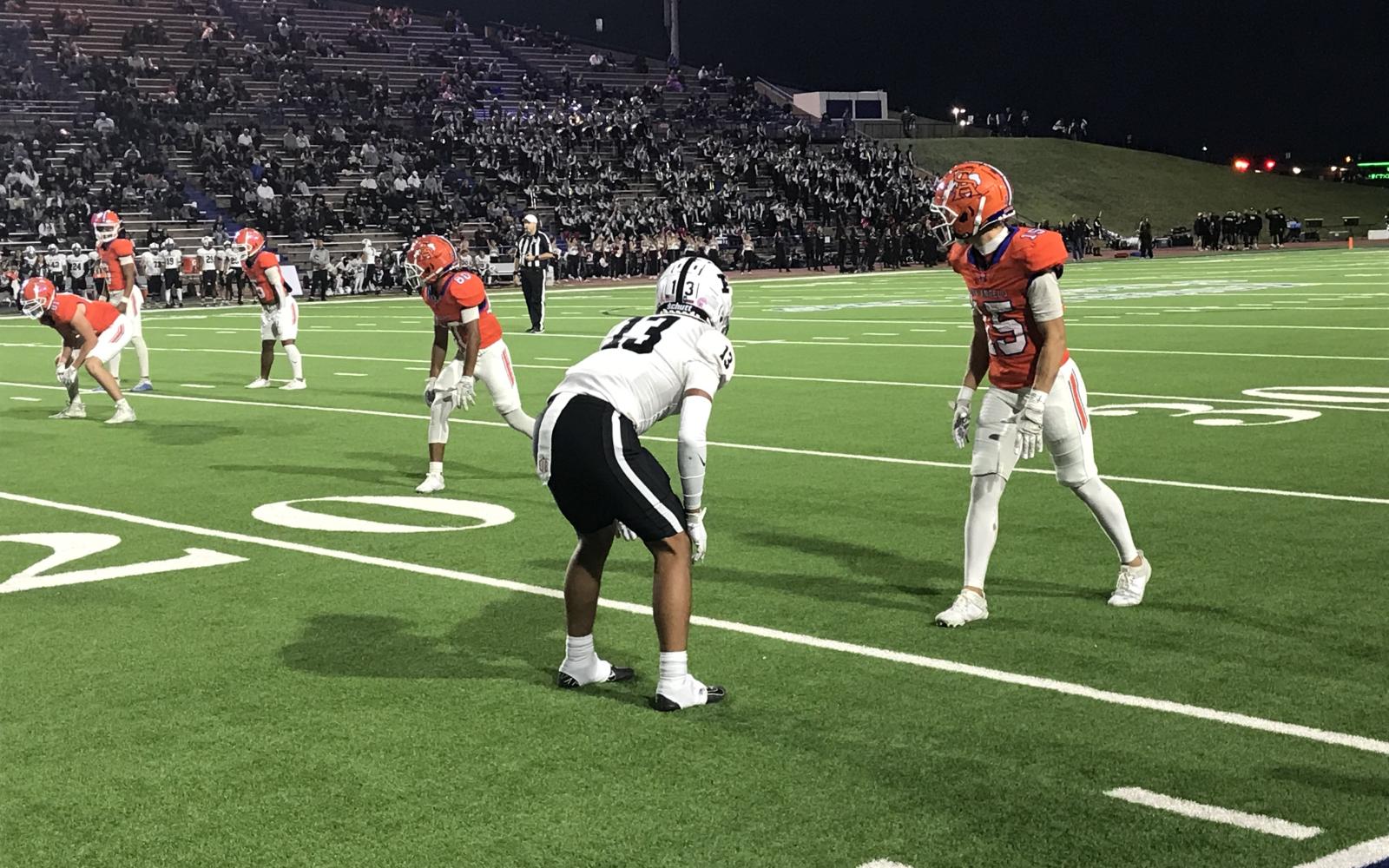 San Angelo Central wide receiver Gavin Johnson waits for the snap with Odessa Permian cornerback Nata Cardozo preparing for covering Friday, Oct. 18, 2024, at San Angelo Stadium.