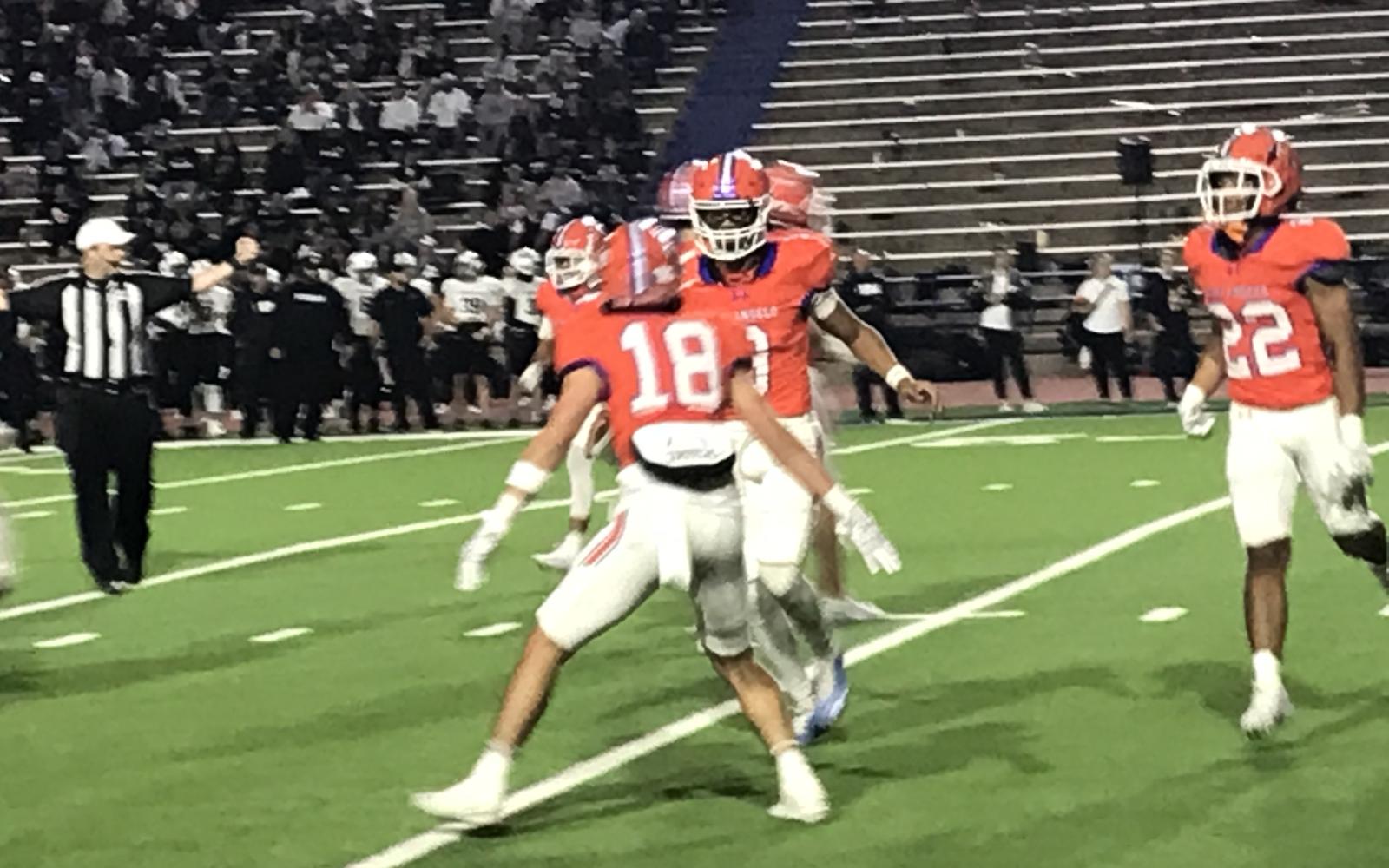 Jimmy Edwards celebrates after catching a 14-yard touchdown pass from Christian English in the Bobcats' game against Odessa Permian on Friday, Oct. 18, 2024, at San Angelo Stadium.