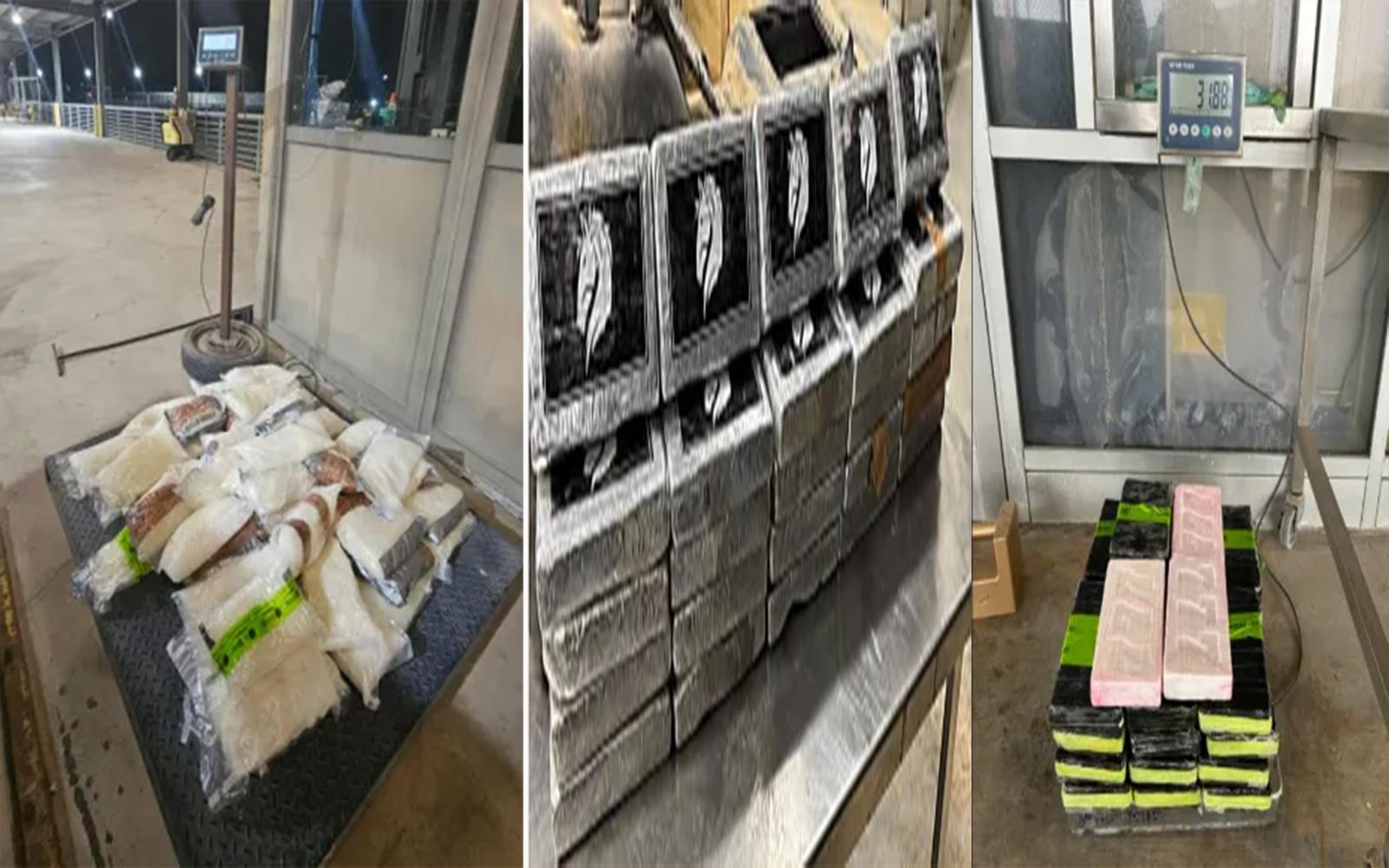U.S. Customs and Border Protection officers seized over $3 million worth of narcotics in three separate busts at Texas border crossings. The seizures included 141 pounds of methamphetamine at Eagle Pass Port of Entry (left), 65 pounds of cocaine at Laredo Port of Entry (center), and 70 pounds of cocaine at Pharr International Bridge (right). (Photo: CBP)