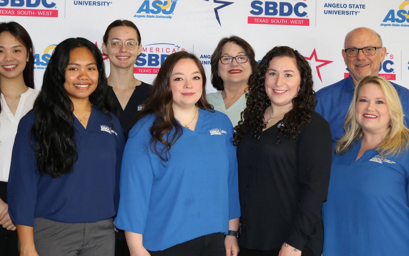 ASU SBDC Staff: Back (L-R) Mi Ha Vu (grad student), Anjelina Humphreys (grad student), Annie Jones, Dave Erickson; Front (L-R) Inglai Hangaripaii (grad student), Katelyn Polk, Elisabeth Dantzler, Dezaray Johnson. 