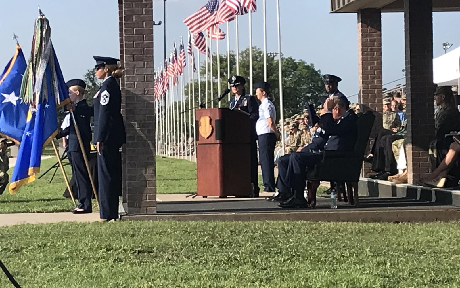 Col. Angelina Maguinness delivers her final remarks in a change of command ceremony at Goodfellow Air Force Base on Thursday, July 17, 2025.
