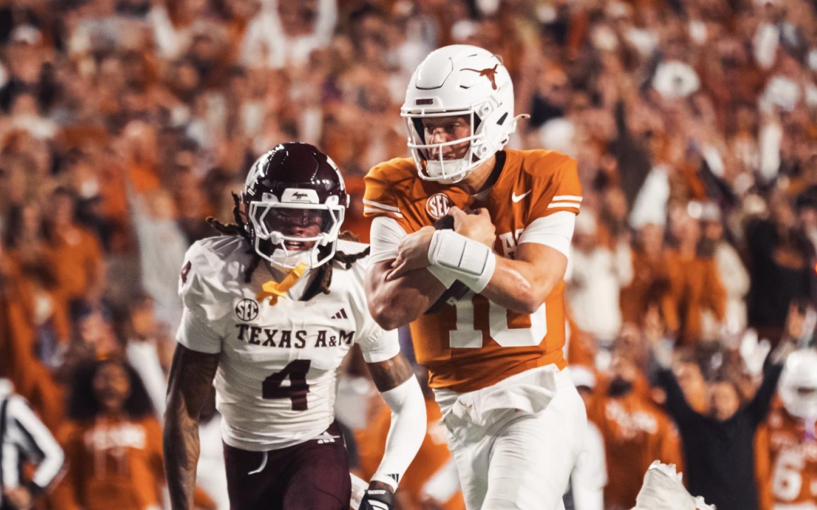 Texas Longhorns Arch Manning in action against Texas A&M