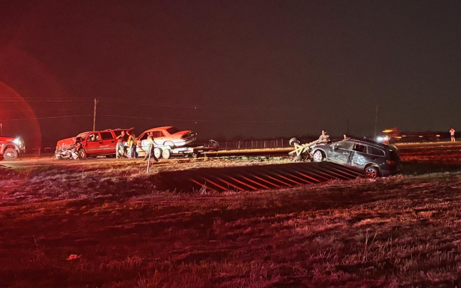 At least two vehicles, a red Suburban and a small sedan, collided on US 87 north near the Old Sterling City Highway intersection a mile north of Grape Creek. Our reporter on the scene witnessed a trailer behind the Suburban that appeared to have two additional vehicles.