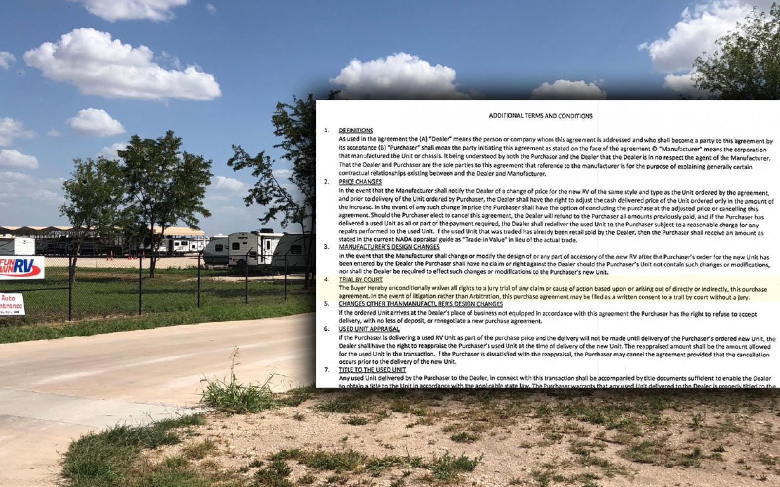 Small font on the Fun Town RV sales agreement stated the signor surrender his or her rights to a jury trial and do arbitration instead.