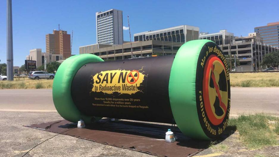 In 2019, protesters in Midland inflate a mock spent nuclear fuel cask to show the size of the containers that may be brought by train or to Waste Control Specialists’ facility in Andrews County. In 2019, protesters in Midland inflate a mock spent nuclear fuel cask to show the size of the containers that may be brought by train or to Waste Control Specialists’ facility in Andrews County.
