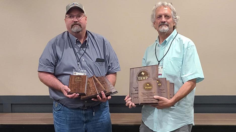 Mark and Paul Sklenarik of Sklenarik's Smoked Meats, Inc. in Miles show off awards won at the 2022 TAMP Convention at Texas A&M University on August 8. Mark and Paul Sklenarik of Sklenarik's Smoked Meats, Inc. in Miles show off awards won at the 2022 TAMP Convention at Texas A&M University on August 8.