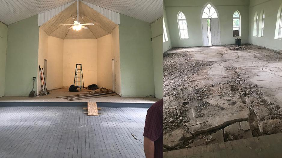 Left, the old wood floor that had to be removed due to termites. On the right is the old concrete slab that was likely the original floor of the church. The restoration will re-pour the slab. Left, the old wood floor that had to be removed due to termites. On the right is the old concrete slab that was likely the original floor of the church. The restoration will re-pour the slab.