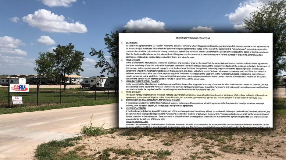 Small font on the Fun Town RV sales agreement stated the signor surrender his or her rights to a jury trial and do arbitration instead. Small font on the Fun Town RV sales agreement stated the signor surrender his or her rights to a jury trial and do arbitration instead.