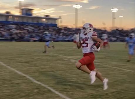 Ballinger's Hunter Kresta races down the sideline for a 64-yard touchdown catch in the Bearcats' 61-6 win over San Angelo TLCA on Friday, Sept. 13, 2024, at Lake View Stadium.