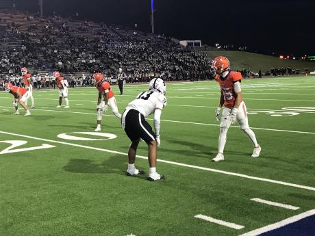 San Angelo Central wide receiver Gavin Johnson waits for the snap with Odessa Permian cornerback Nata Cardozo preparing for covering Friday, Oct. 18, 2024, at San Angelo Stadium.