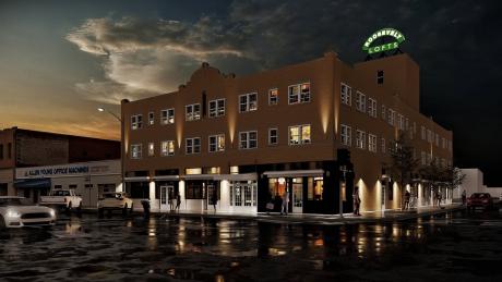A rendering of the Roosevelt Lofts project in downtown San Angelo showcases the planned architectural lighting and exterior renovations. The historic building, originally constructed in 1929, is being transformed into modern loft apartments as part of a $6.5 million redevelopment led by Overland Property Group. The project is set for completion in late summer 2025. (Courtesy: Roosevelt Lofts / Overland Property Group)