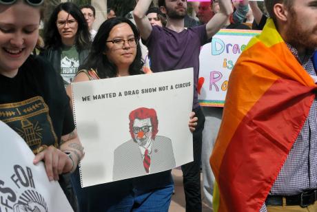 Protesters on March 23, 2023 demonstrated against the West Texas A&M University president’s decision to cancel a drag performance. Credit: