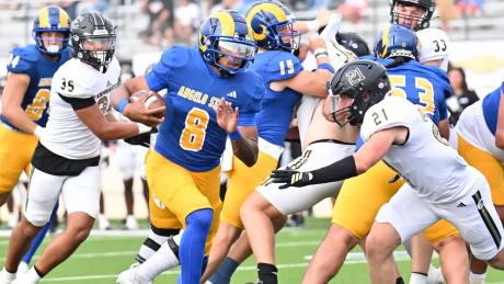 Angelo State's Kaeden Smith runs for yardage against Emporia State on Saturday, Sept. 6, 2025.