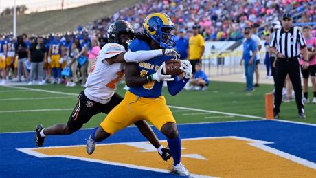 Angelo State wide receiver Corey Sandolph hauls in a touchdown pass from Braeden Fuller against UT Permian Basin on Saturday, Oct. 4, 2025.