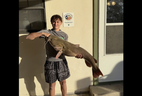 A young San Angelo angler broke the junior record at Lake Nasworthy recently for flathead catfish.