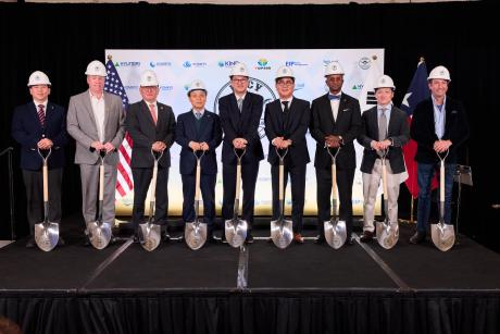 Project Lucy groundbreaking: From Left to Right, Komipo America President, Byung euk Koh; Primoris Renewable Energy SVP, Brad Hise; The Head of the Consulate at the Consulate of the Republic of Korea in Dallas, KwangHeon Doh, Komipo America President, Youngjo Lee; Hyundai Engineering and Construction COO, Kyeongsoo Kim, EIP Asset Management CEO, Hee-Jun Park, High Road Energy Marketing CEO, Darrick Eugene, EIP Asset Management Managing Director, Nathan Choi, Principal Landowner, Charles Smith.