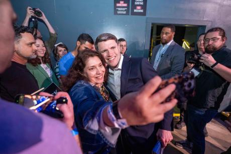 Democratic nominee James Talarico greets his supporters after pulling ahead in the primary for U.S. Senate just after midnight of March 4, 2026.